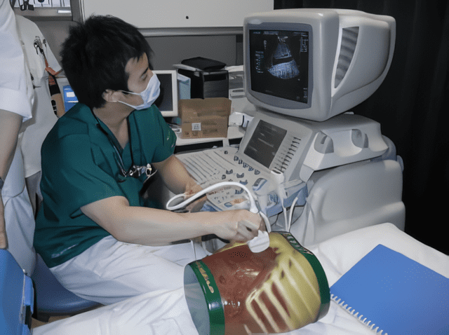 ファントムを用いた腹部超音波検査トレーニング風景
